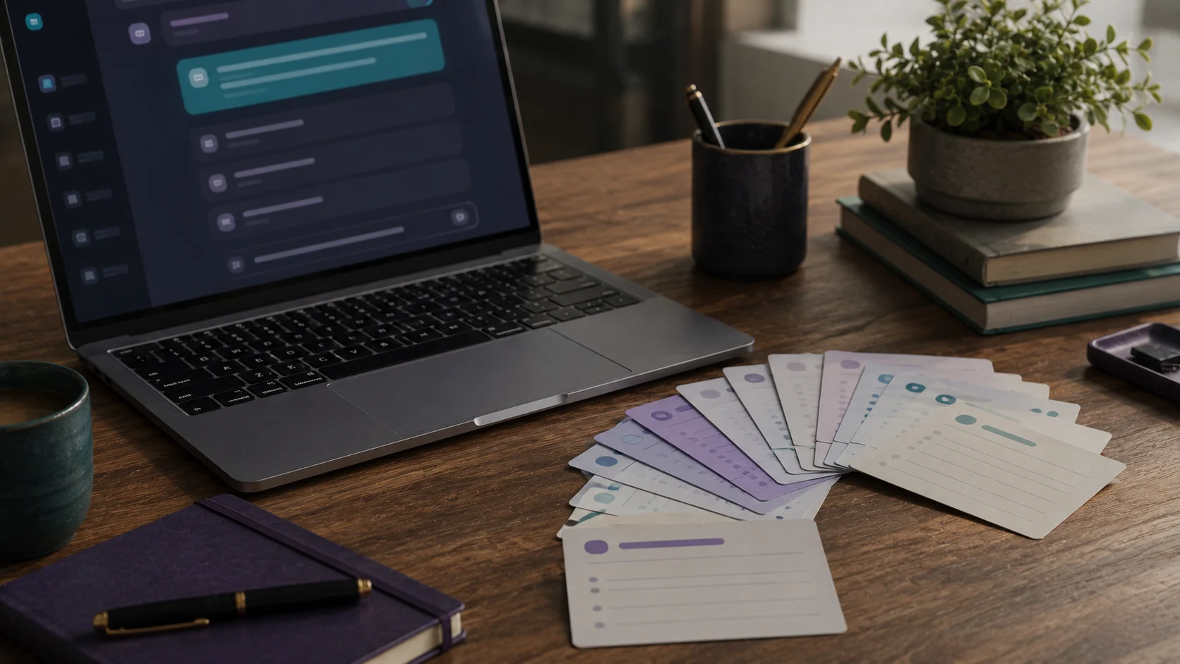 A desk with an open laptop and note cards with written-out prompts