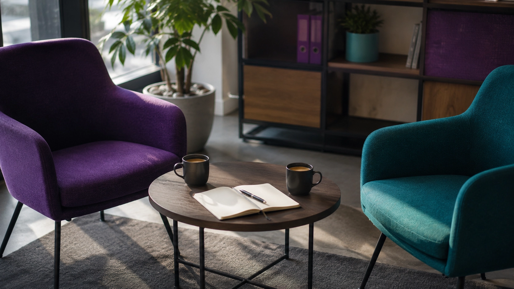 Two armchairs facing each other, two cups of coffee and a notebook between them