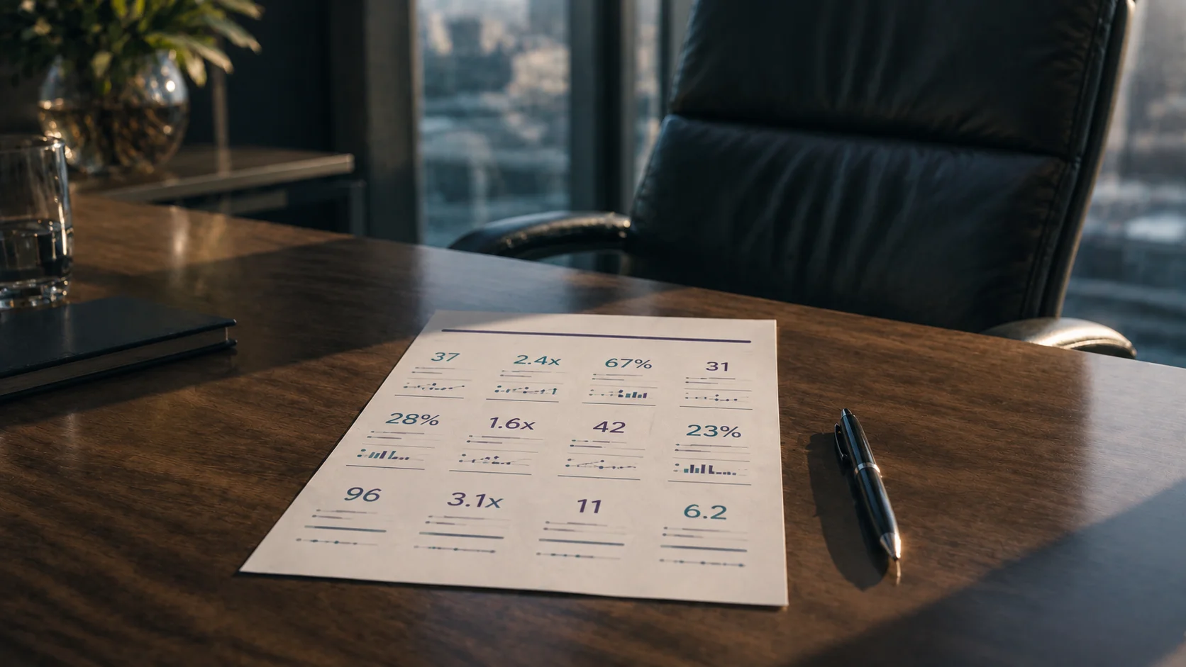 A single sheet of figures on a table in front of an empty CEO chair