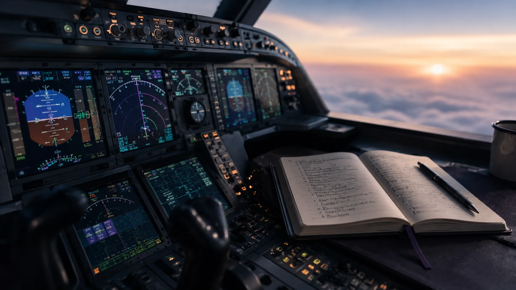 A cockpit dashboard beside an open notebook