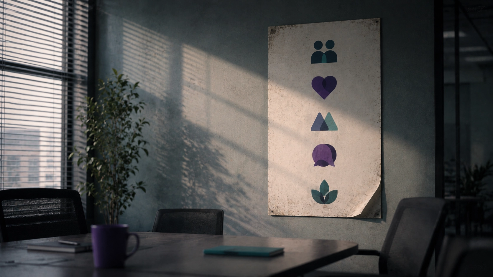 A slightly dusty company-values poster on a meeting-room wall