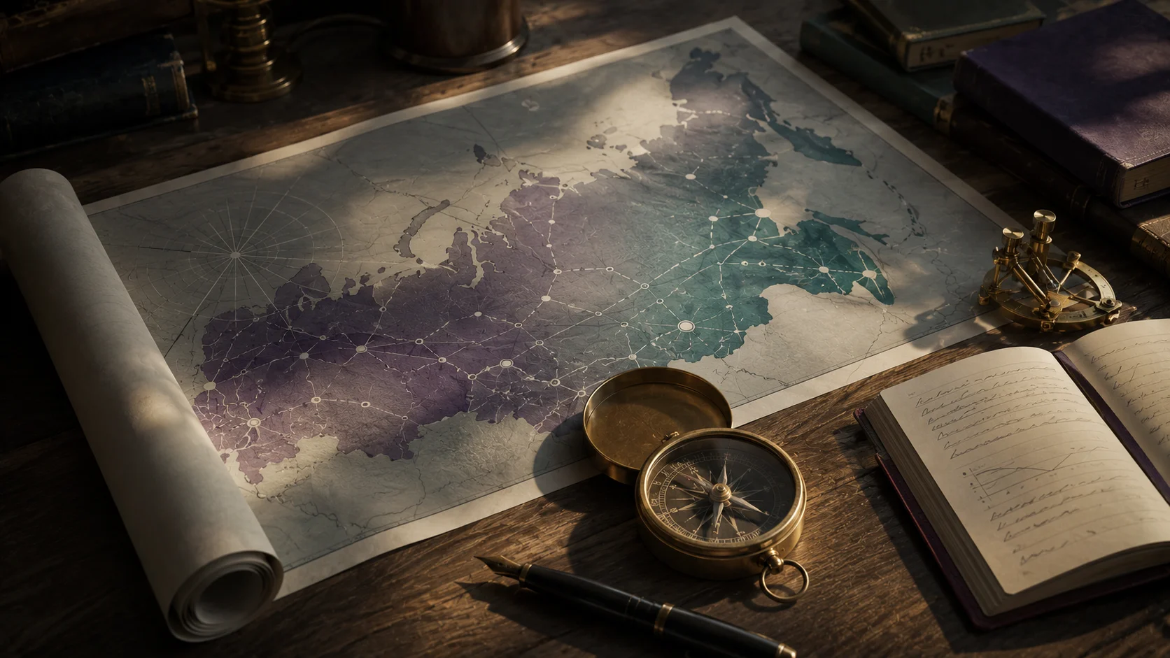 A desk with an unfolded map and a compass