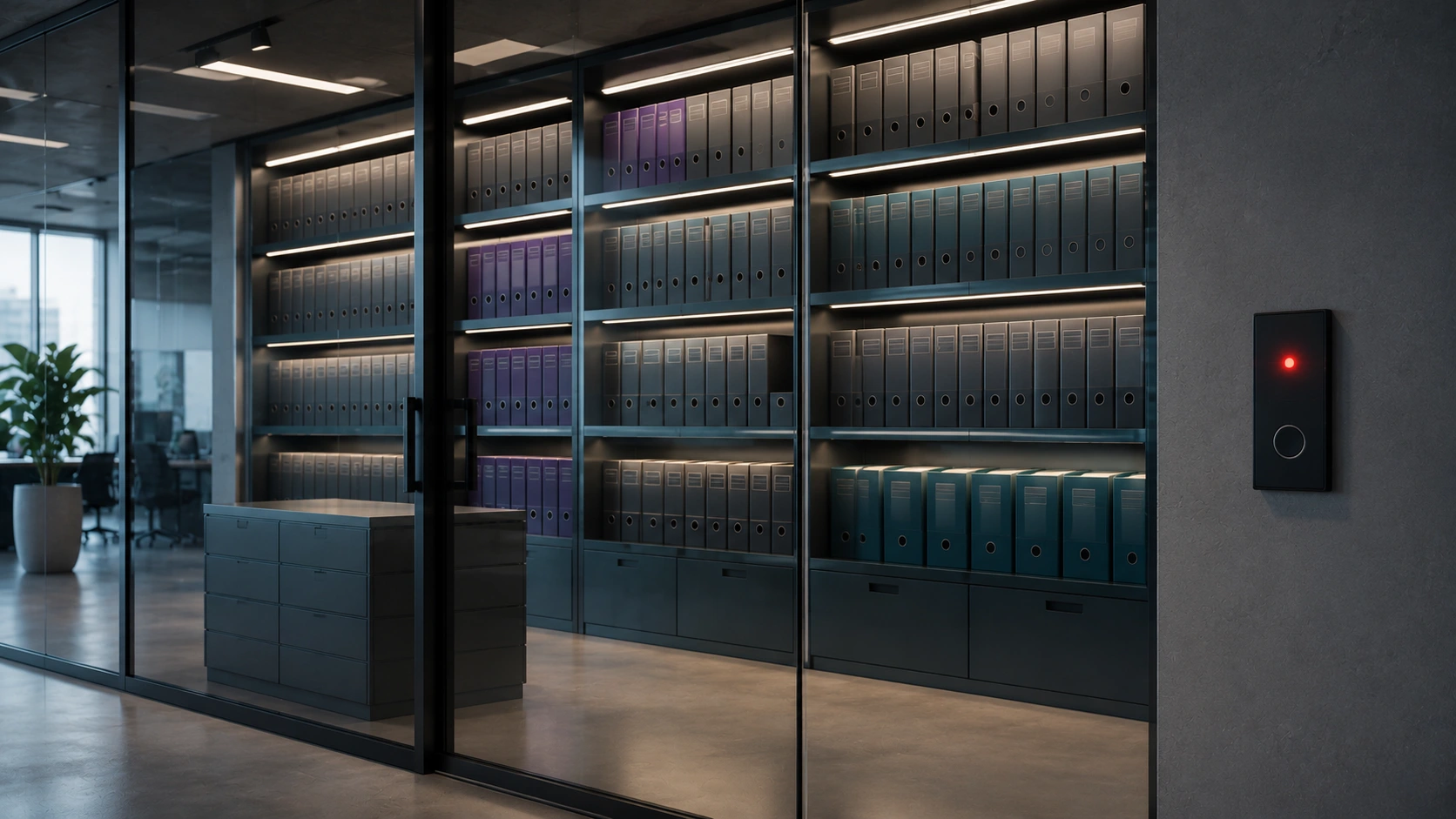 A modern archive of personal-data folders kept behind glass