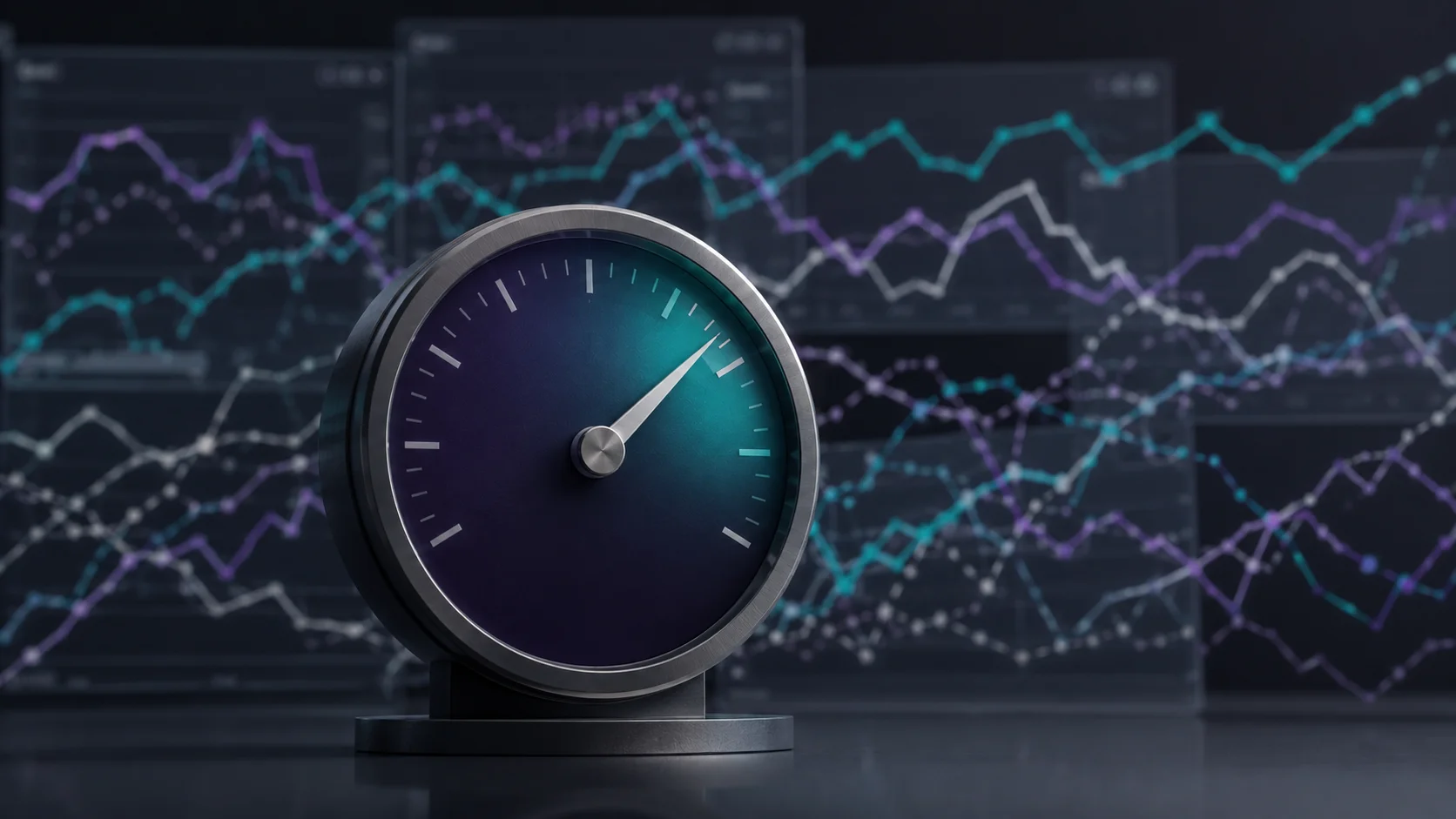 One calm dial against a background of scattered, chaotic charts
