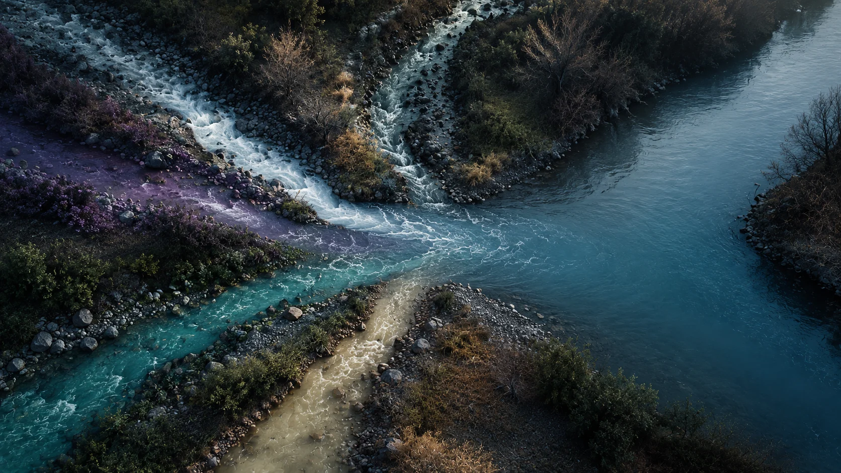Several streams of water merging into one river