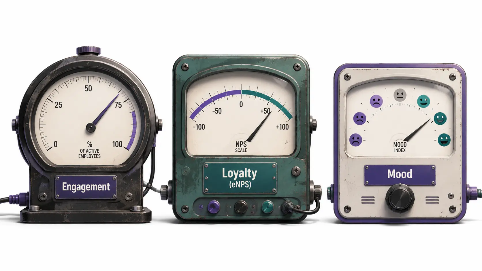 Three measuring instruments showing different readings â engagement, loyalty, mood