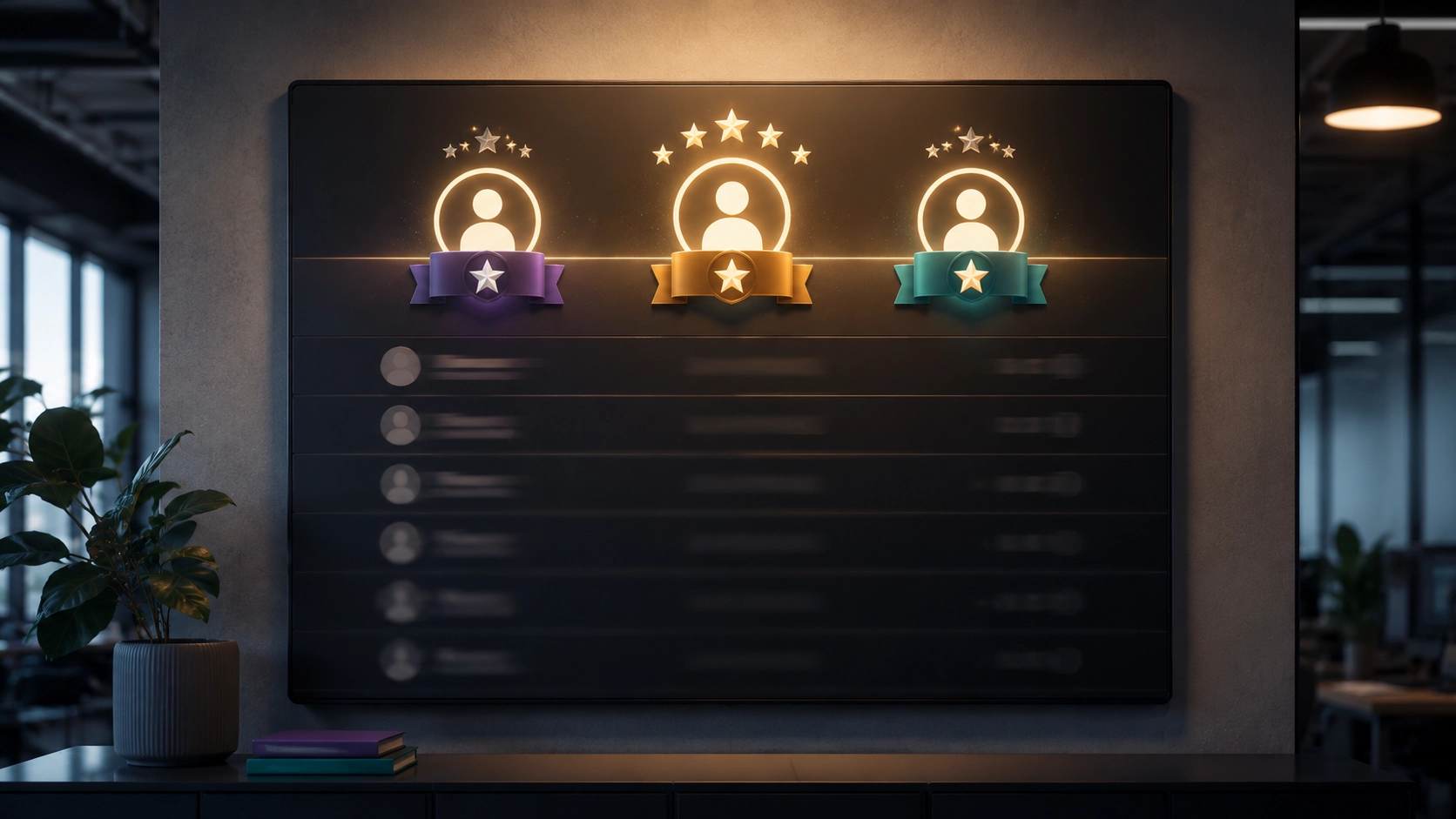 A leaderboard with the top three lit and the remaining names fading into shadow