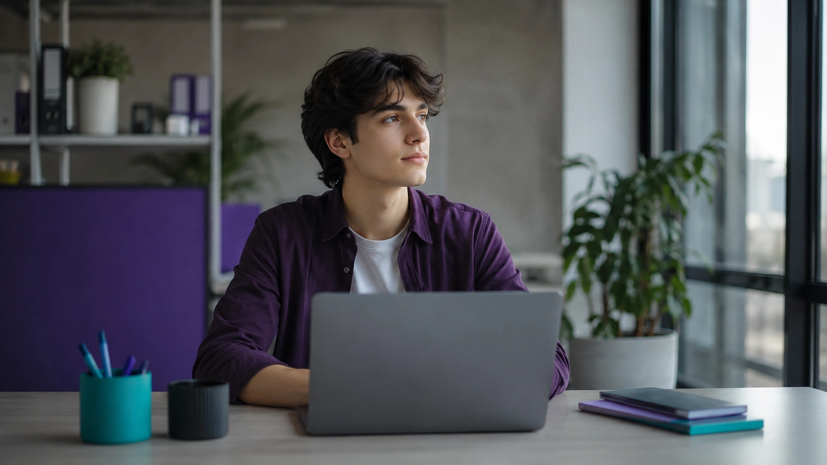 A young employee at a modern desk, looking past the camera