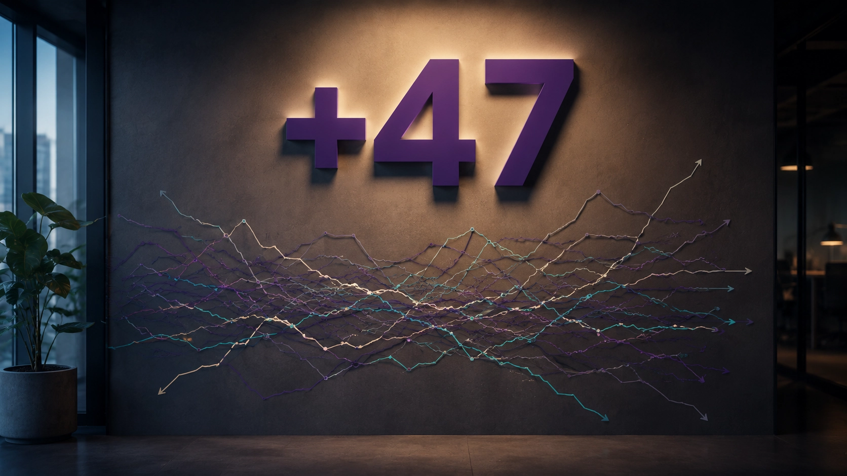 A large +47 on the wall above a chaotic chart of small lines running in different directions