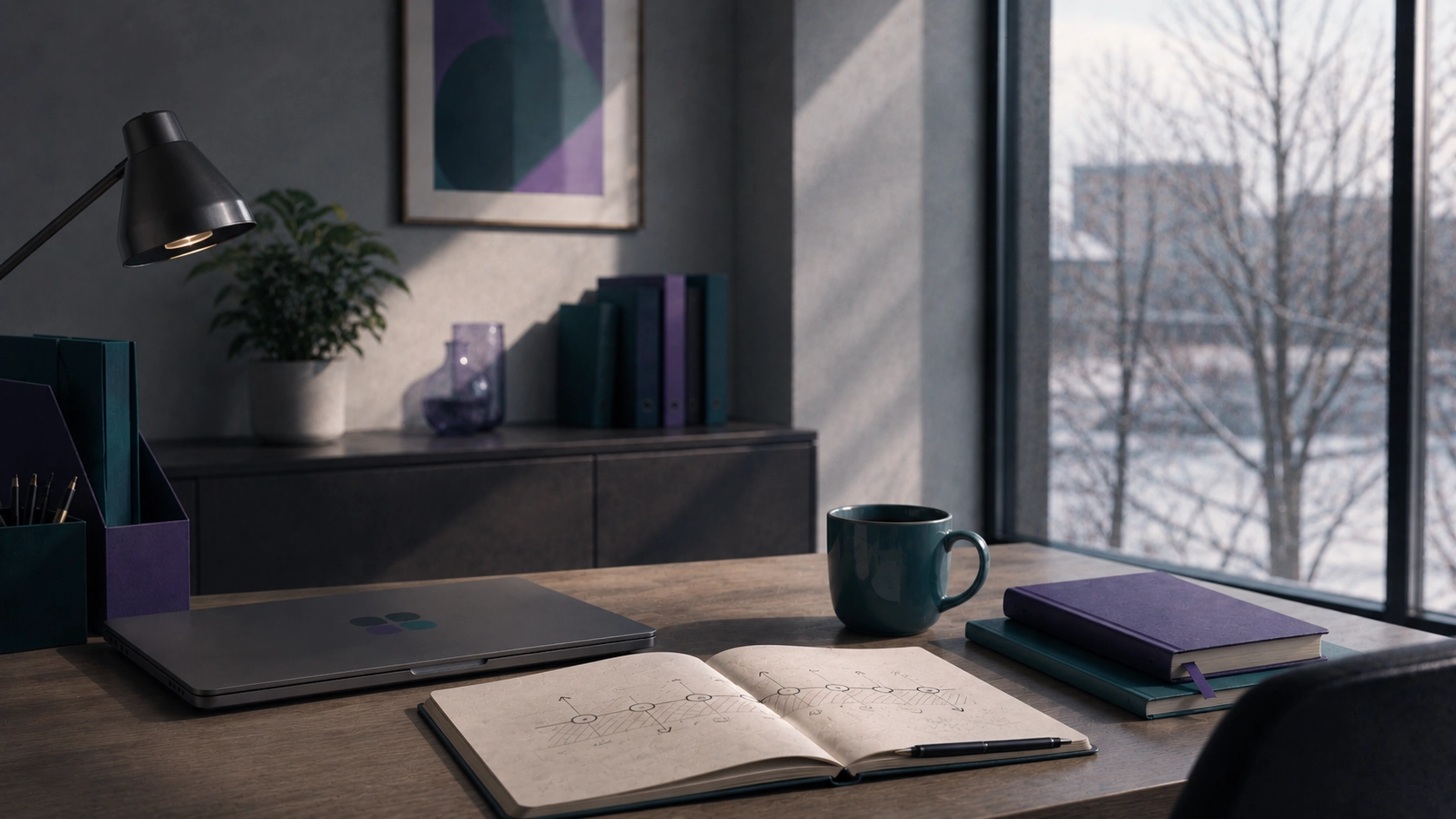 A modern office between winter and spring, seen through the window