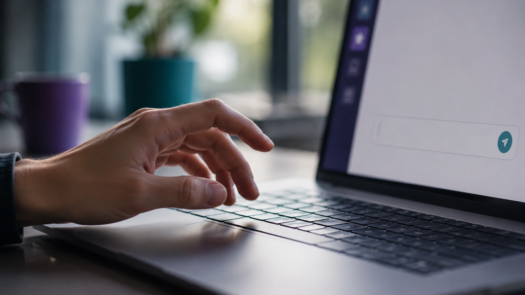 A half-open palm above a keyboard â the pause before writing