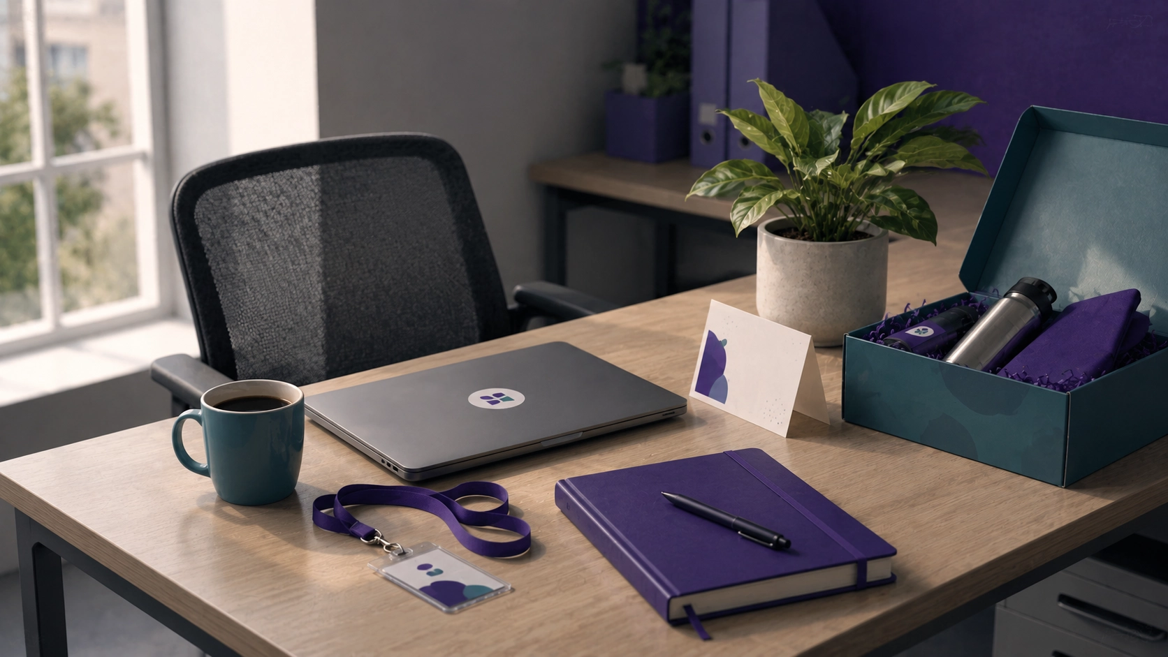 A clean desk with a laptop, a badge, coffee and a small welcome kit