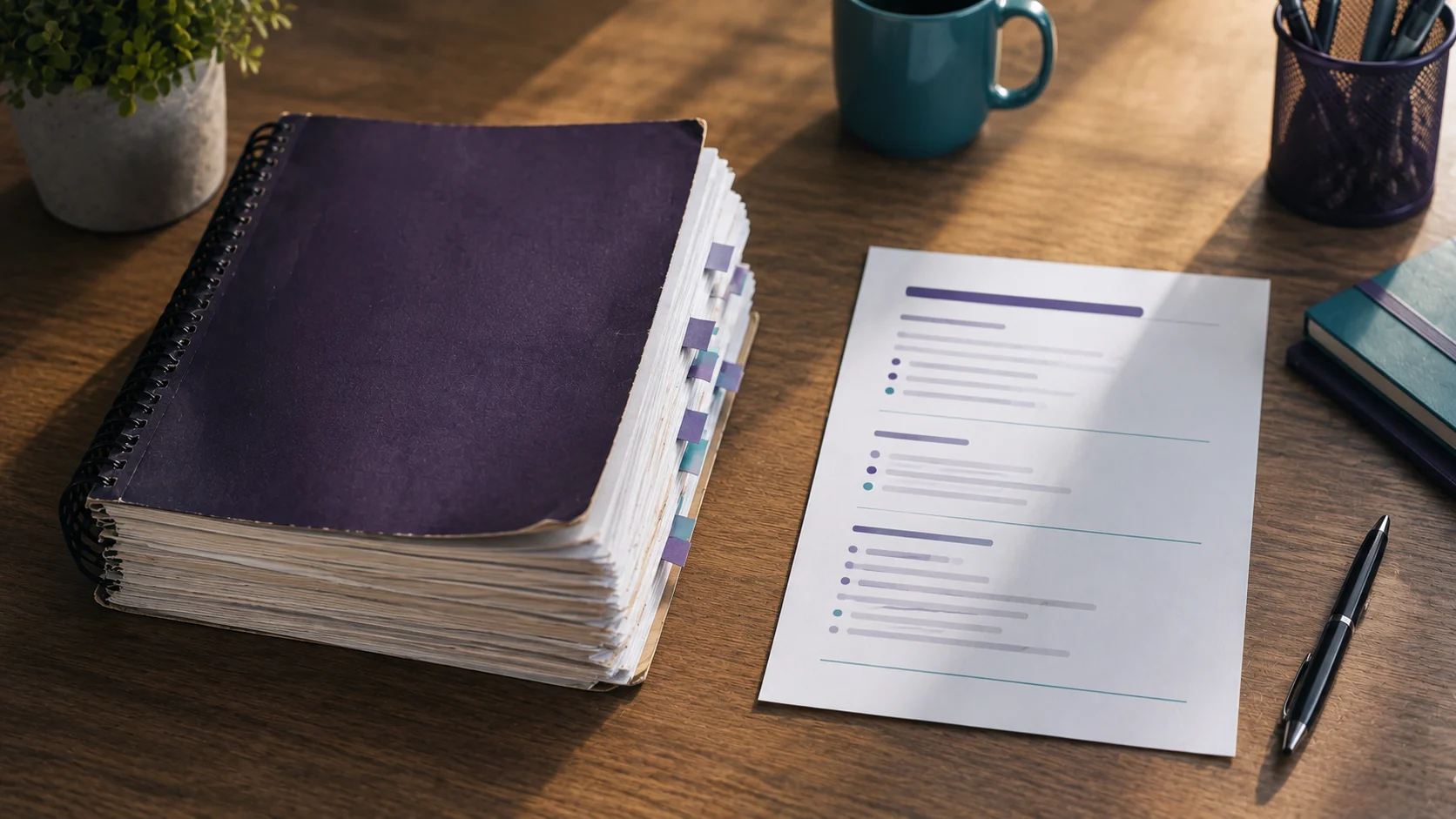 A thick multi-page report beside a single clearly printed sheet