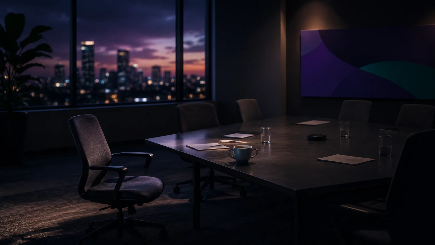 A dark meeting room with one empty chair pulled slightly back from the table