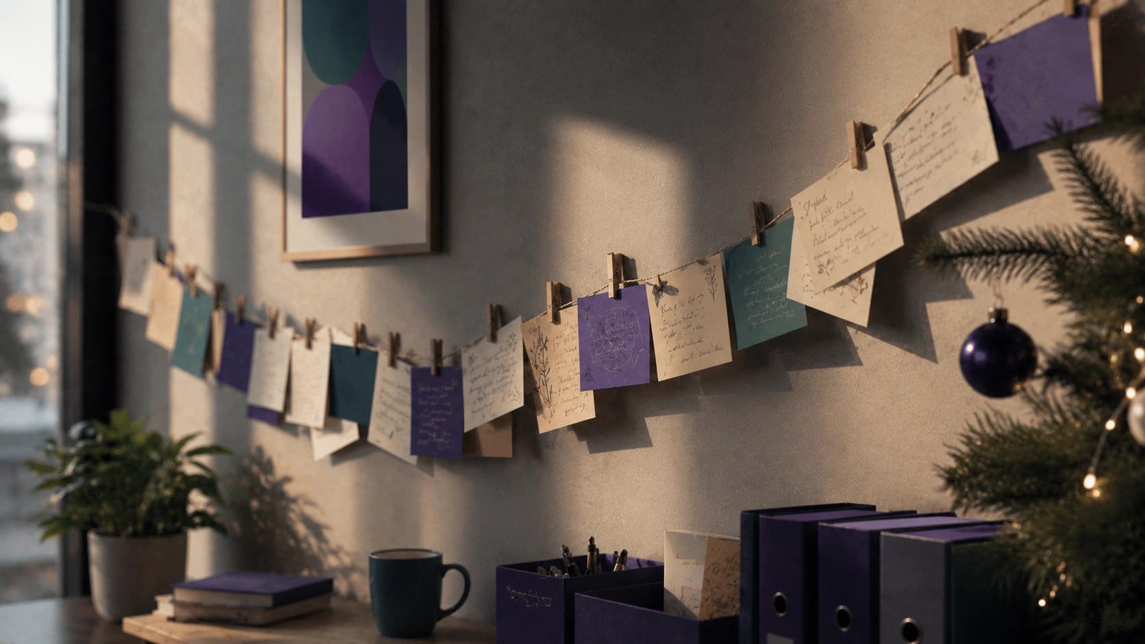 A wall of paper thank-you cards passed from hand to hand in warm end-of-year light