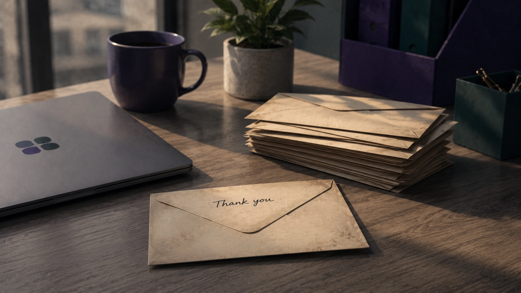 An unopened “Thank you” envelope on a desk beside a stack of identical ones