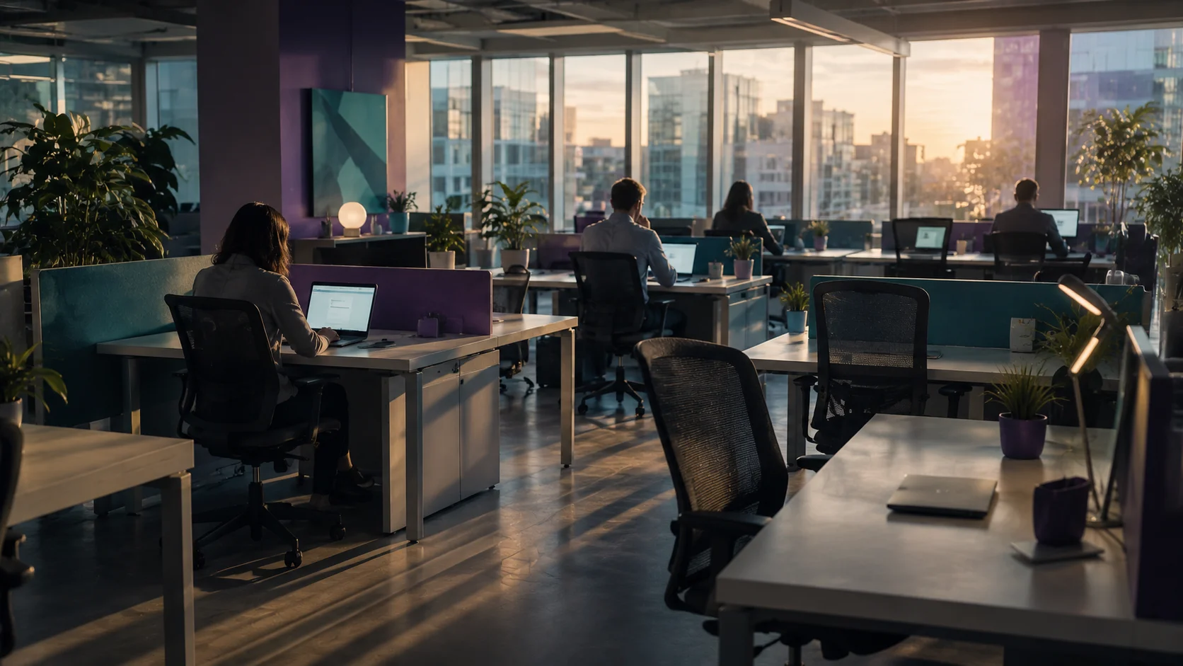 A modern office in late afternoon light with half the desks occupied
