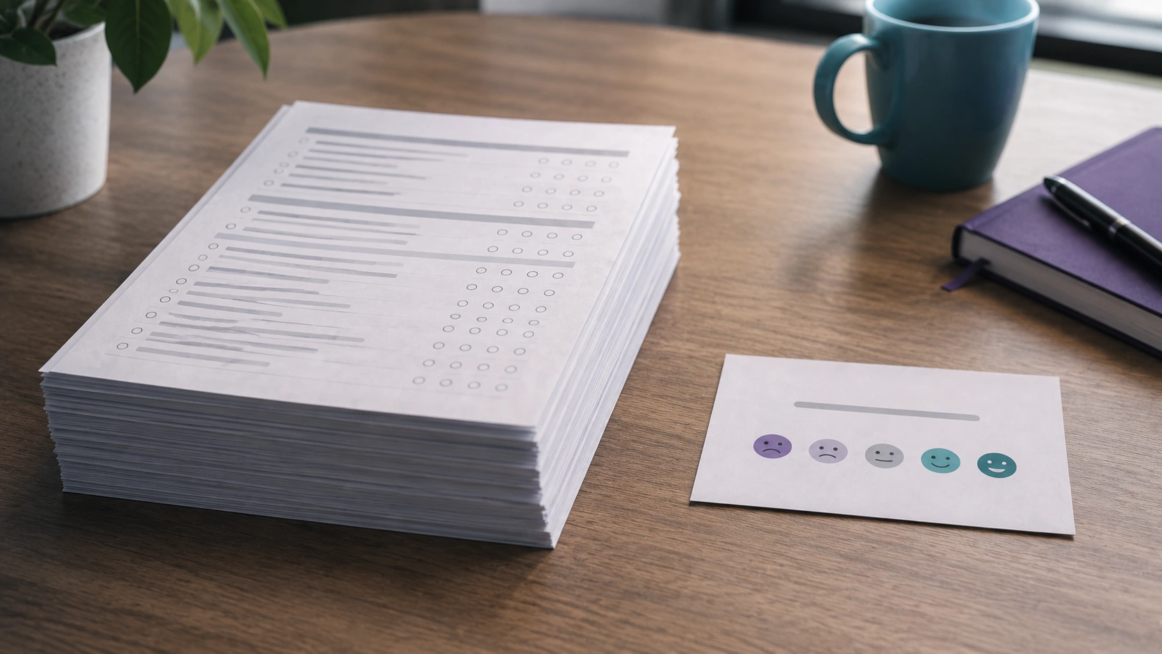 A long annual survey form on a desk beside a short note with a single question