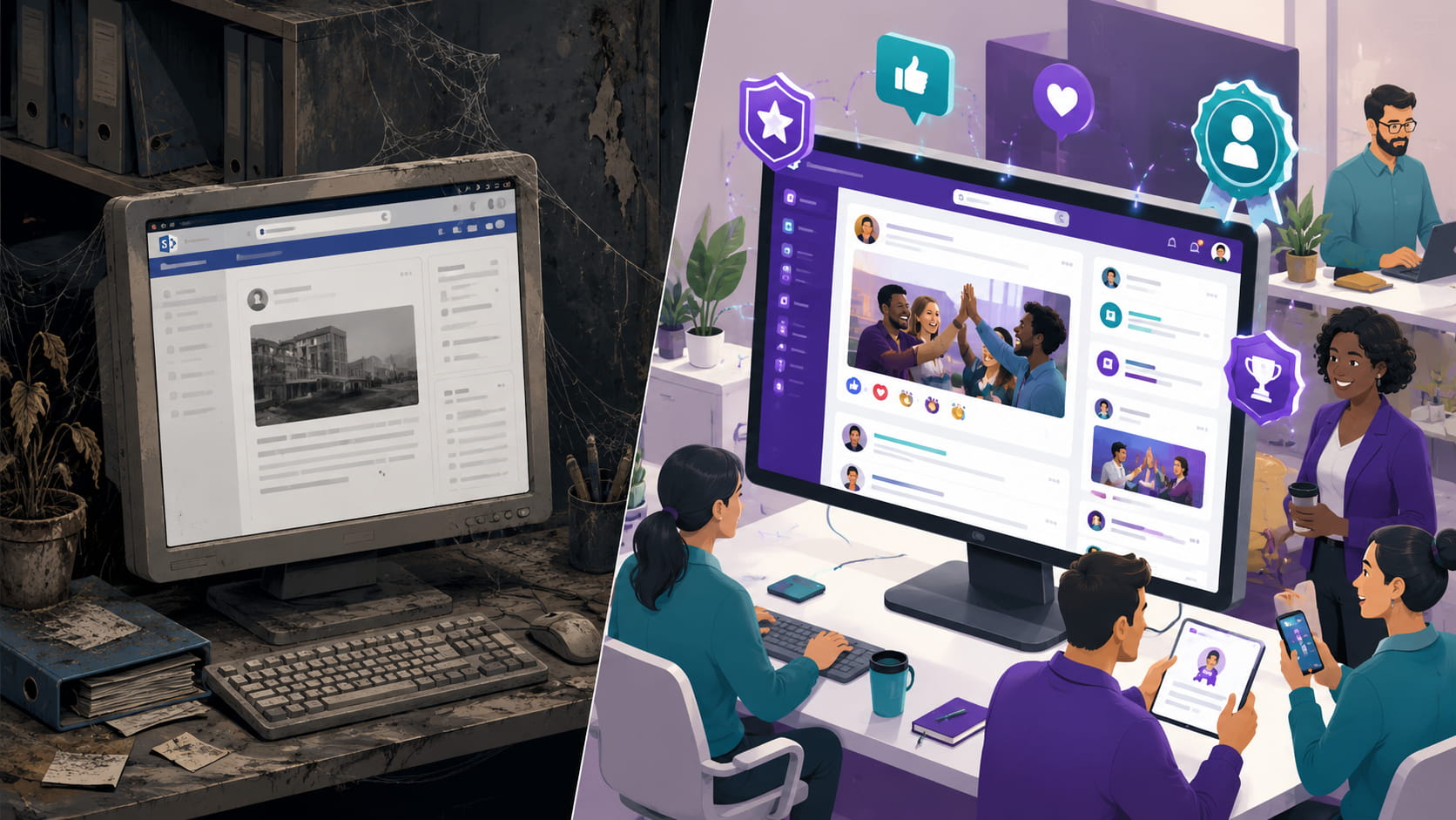 An abandoned intranet beside a living corporate portal â split illustration