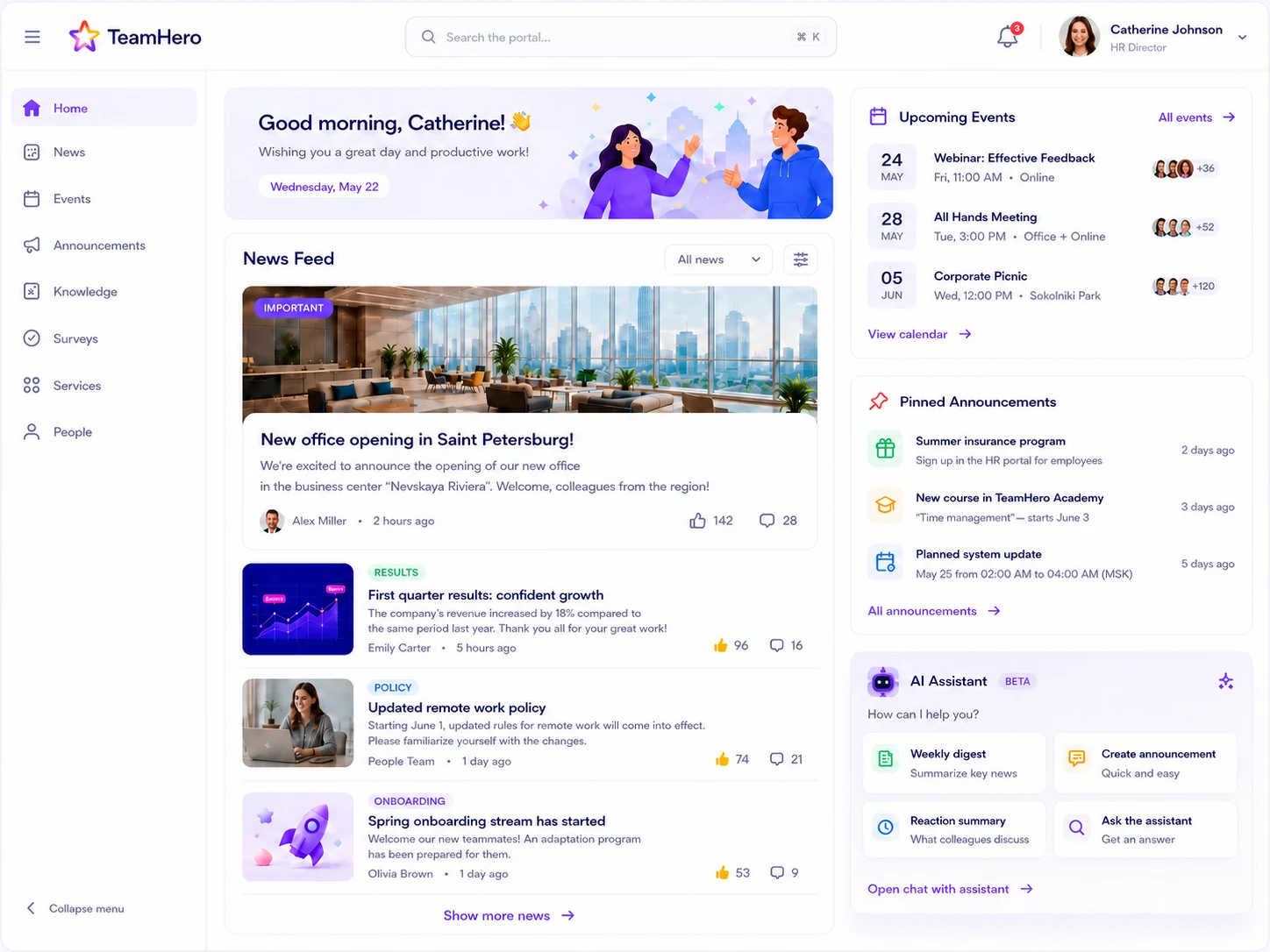TeamEvo intranet home screen: news, events and AI assistant